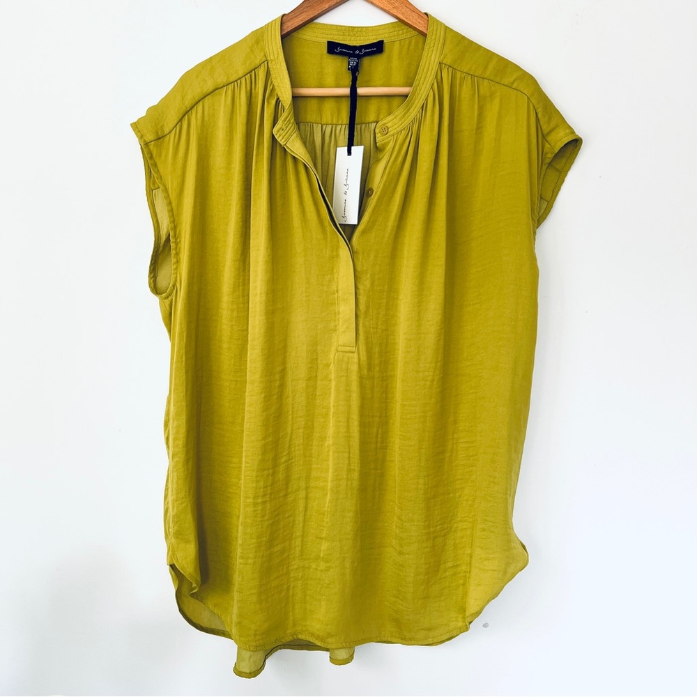 SOLD silky sleeveless blouse chartreuse green with Mandarin Collar